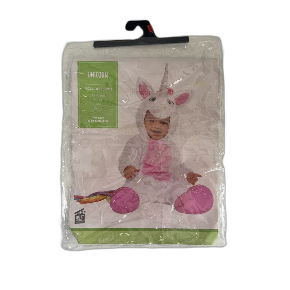 Suit Yourself Unicorn Costume Baby 6-12M Plush Jumpsuit Hood Rainbow Halloween